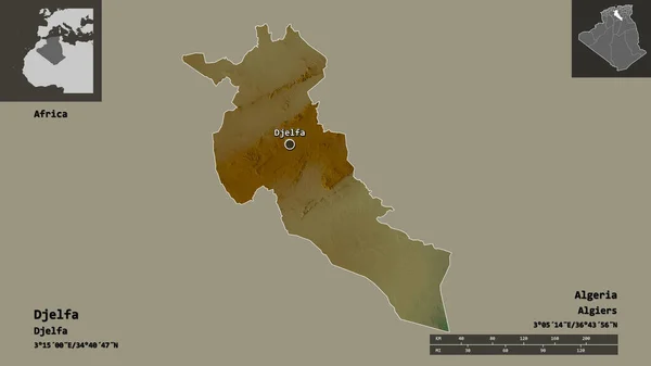 Algéria Tartomány Djelfa Alakja Fővárosa Távolsági Skála Előnézet Címkék Topográfiai — Stock Fotó