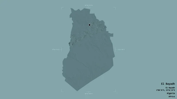 阿尔及利亚巴伐利亚省的一个地区 以坚实的背景隔离在一个地理参考方块中 彩色高程图 3D渲染 — 图库照片