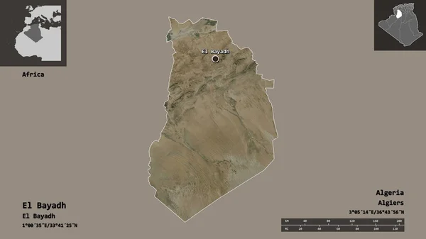 阿尔及利亚巴伐利亚省的形状及其首都 距离刻度 预览和标签 卫星图像 3D渲染 — 图库照片