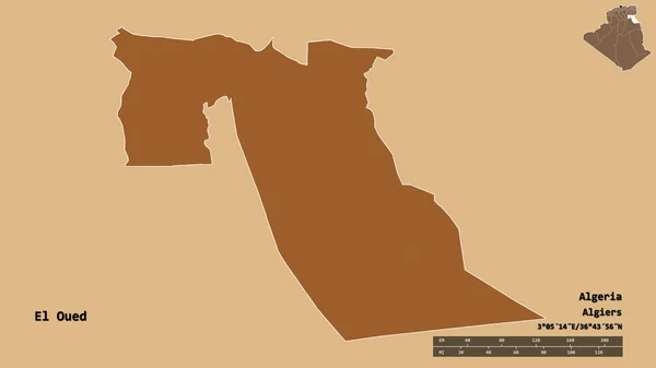Form Oued Provinsen Algeriet Med Huvudstaden Isolerad Solid Bakgrund Avståndsskala — Stockfoto