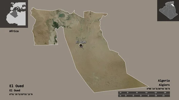 阿尔及利亚省El Oued的形状及其首都 距离刻度 预览和标签 卫星图像 3D渲染 — 图库照片