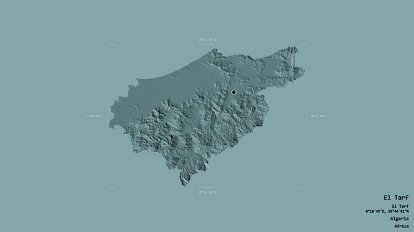 アルジェリアのエルタルフ州の地域は 洗練された境界ボックス内のしっかりとした背景に隔離されています ラベル 色の標高マップ 3Dレンダリング — ストック写真