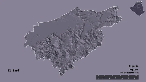 アルジェリアのエル タルフ州の形で その首都はしっかりとした背景に隔離されています 距離スケール リージョンプレビュー およびラベル 色の標高マップ 3Dレンダリング — ストック写真