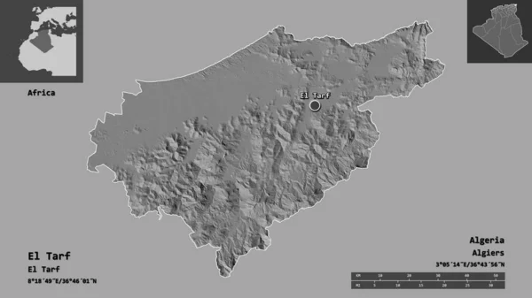 アルジェリアのエルタルフ州とその首都の形 距離スケール プレビューおよびラベル 標高マップ 3Dレンダリング — ストック写真