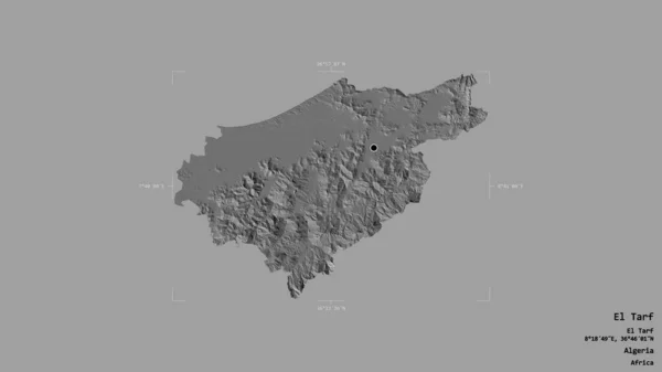 アルジェリアのエルタルフ州の地域は 洗練された境界ボックス内のしっかりとした背景に隔離されています ラベル 標高マップ 3Dレンダリング — ストック写真