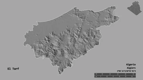 阿尔及利亚El Tarf省的形状 其首都在坚实的背景下与世隔绝 距离尺度 区域预览和标签 Bilevel高程图 3D渲染 — 图库照片