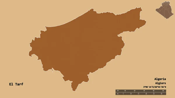 アルジェリアのエル タルフ州の形で その首都はしっかりとした背景に隔離されています 距離スケール リージョンプレビュー およびラベル パターン化されたテクスチャの構成 3Dレンダリング — ストック写真