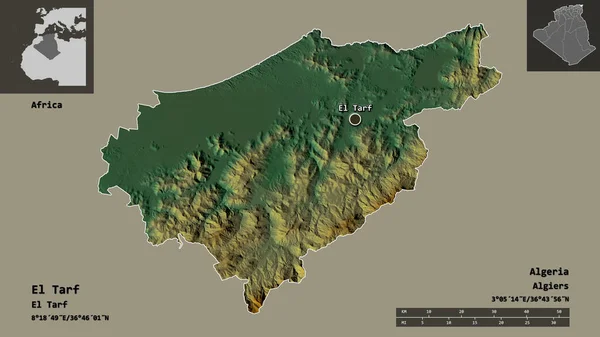 アルジェリアのエルタルフ州とその首都の形 距離スケール プレビューおよびラベル 地形図 3Dレンダリング — ストック写真