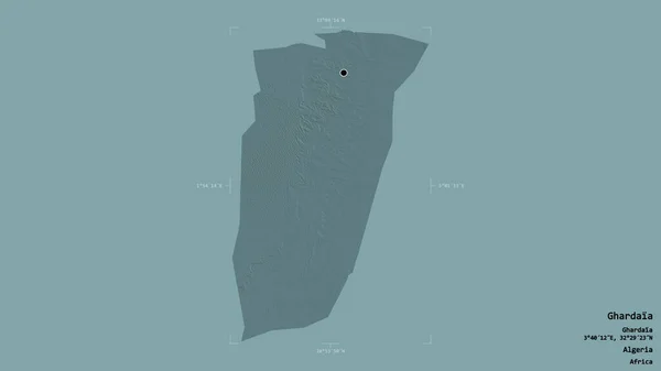 阿尔及利亚省Ghardaia地区 在一个地理参照框的坚实背景下被隔离 彩色高程图 3D渲染 — 图库照片