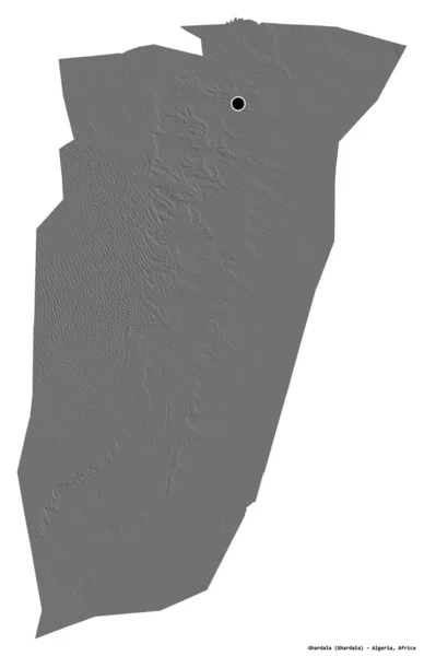 アルジェリアのグルダライア州の形で 首都は白い背景に孤立しています 標高マップ 3Dレンダリング — ストック写真