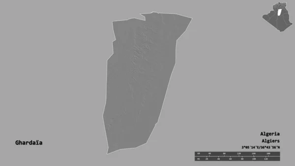 阿尔及利亚省Ghardaia的形状 其首都在坚实的背景下与世隔绝 距离尺度 区域预览和标签 Bilevel高程图 3D渲染 — 图库照片