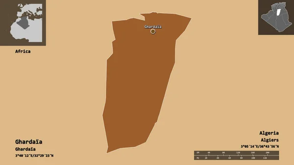 Kształt Ghardai Prowincji Algierii Jej Stolicy Skala Odległości Zapowiedzi Etykiety — Zdjęcie stockowe