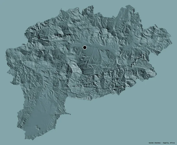 瓜尔马形状 阿尔及利亚省 其首都孤立在一个坚实的色彩背景 彩色高程图 3D渲染 — 图库照片
