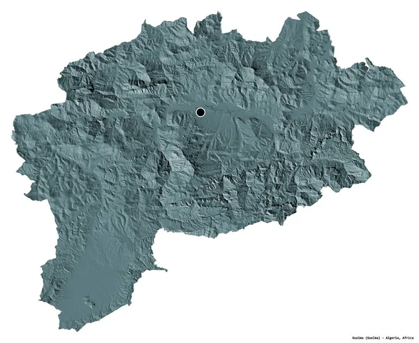 アルジェリアのゲルマ州の形で 首都は白い背景に孤立しています 色の標高マップ 3Dレンダリング — ストック写真