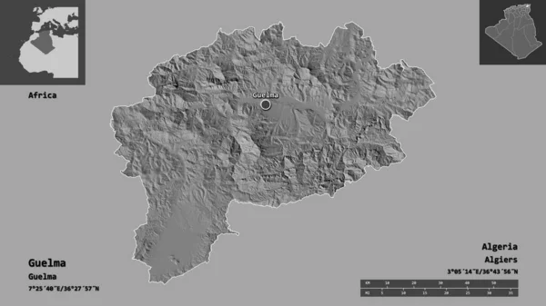 ゲルマ アルジェリアの州とその首都の形状 距離スケール プレビューおよびラベル 標高マップ 3Dレンダリング — ストック写真