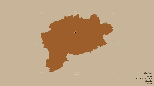 アルジェリアのゲルマ州の地域は 洗練された境界ボックス内の強固な背景に隔離されています ラベル パターン化されたテクスチャの構成 3Dレンダリング — ストック写真
