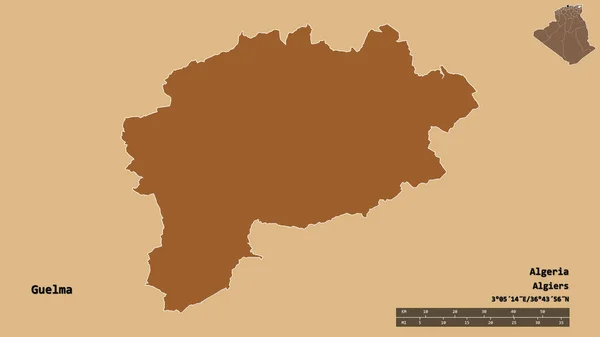 アルジェリアのゲルマ州の形で その首都はしっかりとした背景に隔離されています 距離スケール リージョンプレビュー およびラベル パターン化されたテクスチャの構成 3Dレンダリング — ストック写真