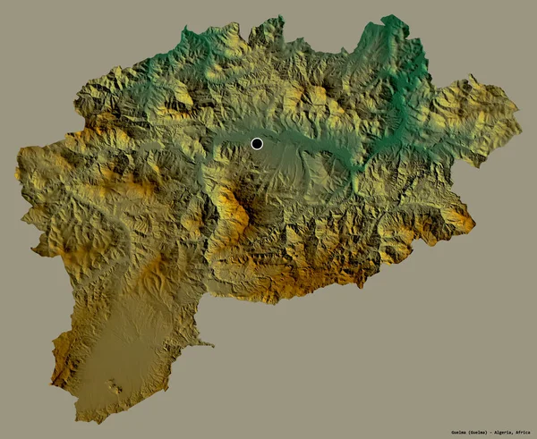 アルジェリアのゲルマ州の形で その首都はしっかりした色の背景に隔離されています 地形図 3Dレンダリング — ストック写真