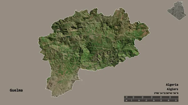 アルジェリアのゲルマ州の形で その首都はしっかりとした背景に隔離されています 距離スケール リージョンプレビュー およびラベル 衛星画像 3Dレンダリング — ストック写真