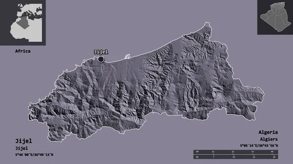 Kształt Jijel Prowincja Algieria Jej Stolica Skala Odległości Zapowiedzi Etykiety — Zdjęcie stockowe