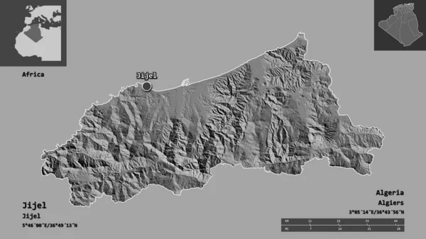 アルジェリアのジェル州とその首都の形状 距離スケール プレビューおよびラベル 標高マップ 3Dレンダリング — ストック写真
