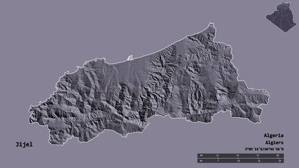 アルジェリアのジェル州の形で その首都はしっかりとした背景に隔離されています 距離スケール リージョンプレビュー およびラベル 色の標高マップ 3Dレンダリング — ストック写真