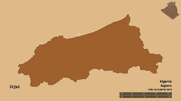 Formen Jijel Provinsen Algerie Med Hovedstad Isolert Solid Bakgrunn Avstandsskala – stockfoto