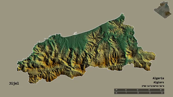 阿尔及利亚吉杰尔省的形状 其首都在坚实的背景下与世隔绝 距离尺度 区域预览和标签 地形浮雕图 3D渲染 — 图库照片