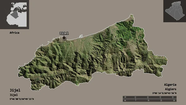 阿尔及利亚吉杰尔省的形状及其首都 距离刻度 预览和标签 卫星图像 3D渲染 — 图库照片