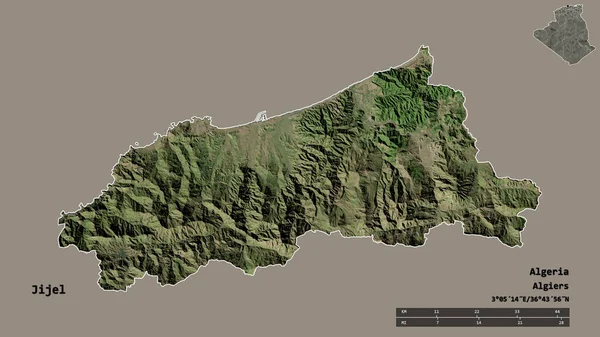阿尔及利亚吉杰尔省的形状 其首都在坚实的背景下与世隔绝 距离尺度 区域预览和标签 卫星图像 3D渲染 — 图库照片