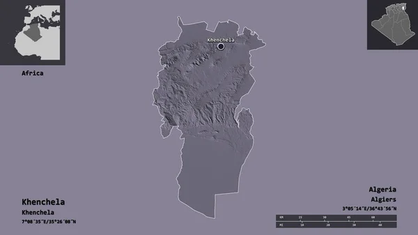 アルジェリアのケンチェラ州とその首都の形 距離スケール プレビューおよびラベル 色の標高マップ 3Dレンダリング — ストック写真