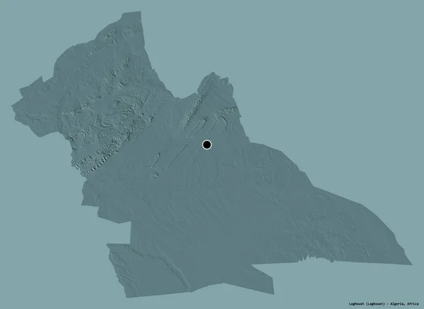 アルジェリアのラグハウス県の形で その首都はしっかりとした色の背景に隔離されています 色の標高マップ 3Dレンダリング — ストック写真