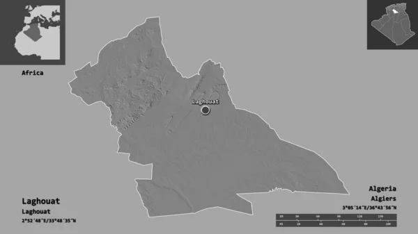 ラグハウスの形 アルジェリアの州 およびその首都 距離スケール プレビューおよびラベル 標高マップ 3Dレンダリング — ストック写真