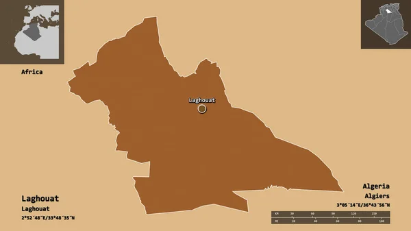 阿尔及利亚省的Laghouat形状及其首都 距离刻度 预览和标签 图形纹理的组成 3D渲染 — 图库照片