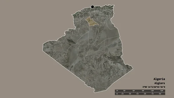 主要な地域部門と分離されたラグホート地域とアルジェリアの荒廃した形 ラベル 衛星画像 3Dレンダリング — ストック写真