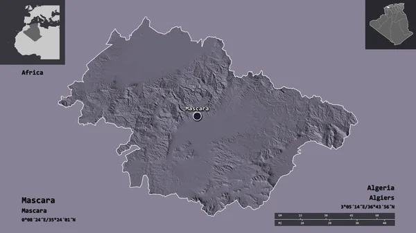 マスカラの形 アルジェリアの州 その首都 距離スケール プレビューおよびラベル 色の標高マップ 3Dレンダリング — ストック写真