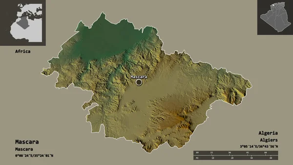 マスカラの形 アルジェリアの州 その首都 距離スケール プレビューおよびラベル 地形図 3Dレンダリング — ストック写真