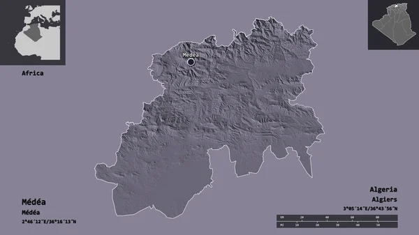メディアの形 アルジェリアの州 その首都 距離スケール プレビューおよびラベル 色の標高マップ 3Dレンダリング — ストック写真