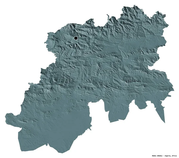 阿尔及利亚省Medea的形状 其首都被白色背景隔离 彩色高程图 3D渲染 — 图库照片