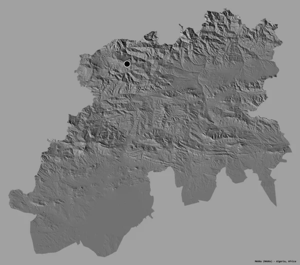 阿尔及利亚省Medea的形状 其首都用纯色背景隔开 Bilevel高程图 3D渲染 — 图库照片