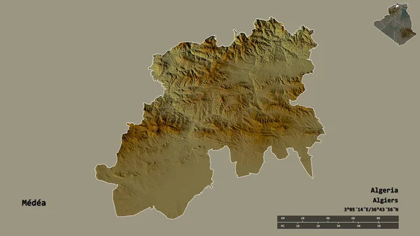阿尔及利亚省Medea的形状 其首都在坚实的背景下与世隔绝 距离尺度 区域预览和标签 地形浮雕图 3D渲染 — 图库照片