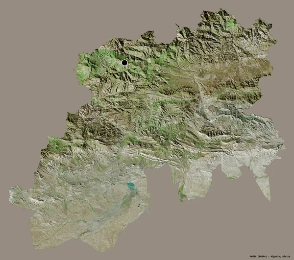 アルジェリアのメディア州の形で その首都はしっかりした色の背景に隔離されています 衛星画像 3Dレンダリング — ストック写真