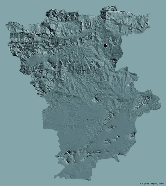 アルジェリアのミラ州の形で その首都はしっかりとした色の背景に隔離されています 色の標高マップ 3Dレンダリング — ストック写真