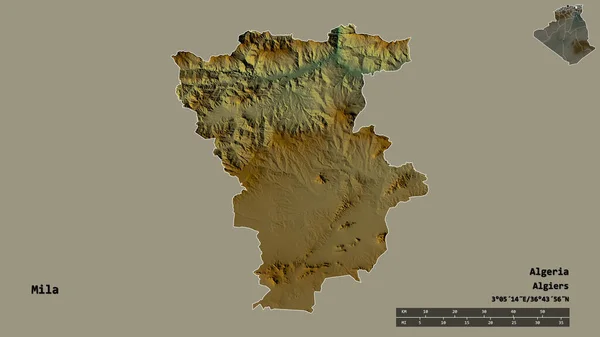 阿尔及利亚省Mila的形状 其首都在坚实的背景下与世隔绝 距离尺度 区域预览和标签 地形浮雕图 3D渲染 — 图库照片
