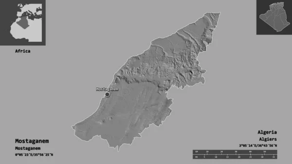 アルジェリアのモスタガネム州とその首都の形 距離スケール プレビューおよびラベル 標高マップ 3Dレンダリング — ストック写真