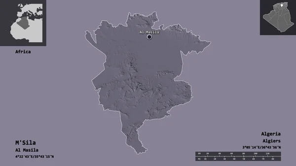 Sila的形状 阿尔及利亚的省 和它的首都 距离刻度 预览和标签 彩色高程图 3D渲染 — 图库照片