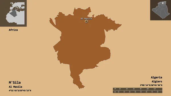 アルジェリアの州であるM Silaとその首都の形 距離スケール プレビューおよびラベル パターン化されたテクスチャの構成 3Dレンダリング — ストック写真