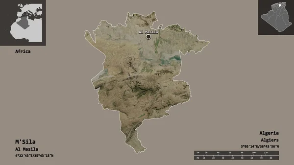 Sila的形状 阿尔及利亚的省 和它的首都 距离刻度 预览和标签 卫星图像 3D渲染 — 图库照片