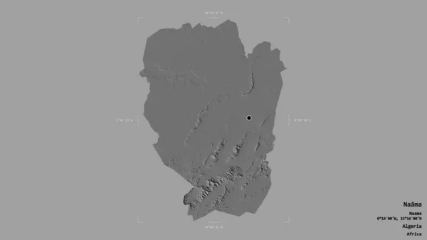 アルジェリアのナマ州の地域は 洗練された境界ボックス内の強固な背景に隔離されています ラベル 標高マップ 3Dレンダリング — ストック写真