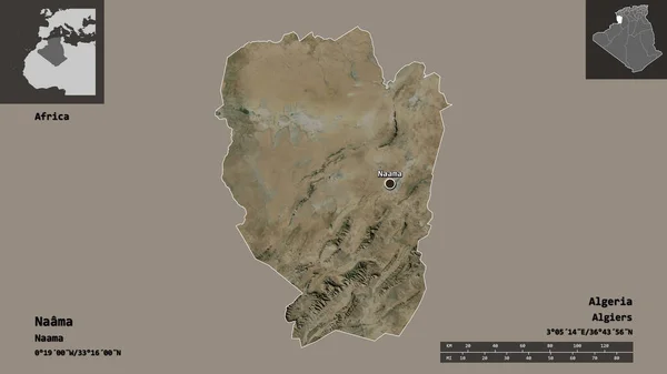 阿尔及利亚省Naama的形状及其首都 距离刻度 预览和标签 卫星图像 3D渲染 — 图库照片